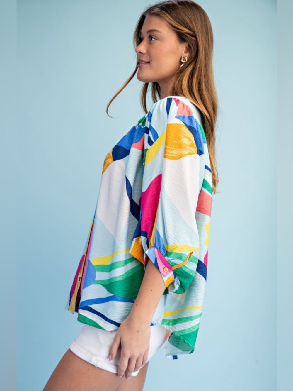 Colorful Abstract Button-Front Blouse - Picture 6 of 7